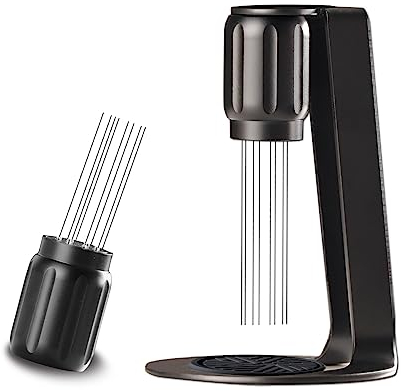 Lexivt WDT Tool mit 8x0.4mm Edelstahl feine Nadeln & Eisen Ständer,Espresso Nadel Distributor,Kaffee-Rührer-Verteiler,Einfache Aufbewahrung,Aluminiumlegierung,Schwarz(2 Ersatznadeln)
