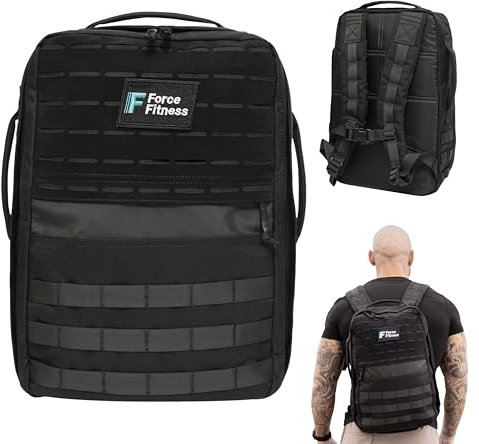 Force Fitness Rucking Backpack + Weights (25kg), Ruck Plate Carrier Rucksack for Men & Women, Weighted Backpack for Rucking, Running, Walking, Strength & Cardio Workouts for Athletes