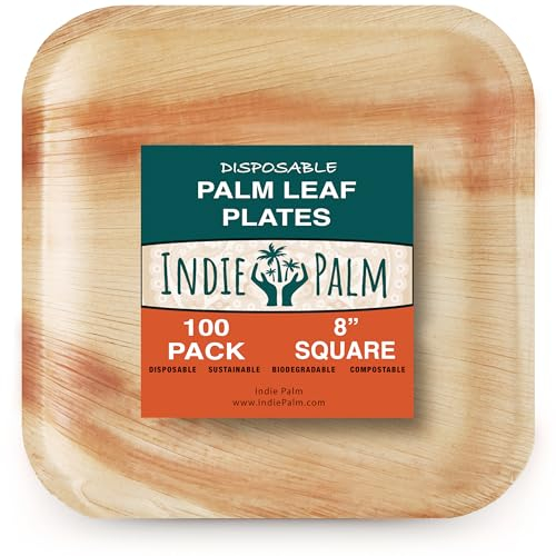 Disposable Palm Leaf Plates - 8 Inch Square - 100 Pack - Eco-Friendly Party Plates - Compostable, Strong, Microwave Safe - Bamboo-Like