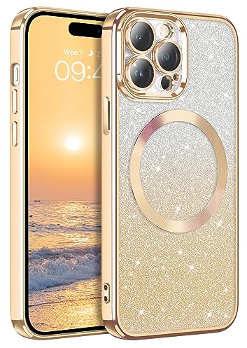 DUEDUE für iPhone 14 Pro Max Hülle Glitzer 6.7'', iPhone 14 Pro Max Handyhülle Glitzer mit Magnetische Stoßfeste Schutzhülle Soft TPU für iPhone 14 Pro Max Hülle Mag-Safe 6.7 Gold