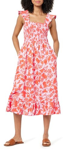 The Drop Robe Midi pour Femme, avec Smocks et Épaules Volantées, Imprimé Floral Rose/Orange, Kimi, Taille XL