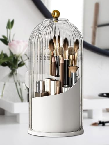 FIVAVA Makeup Brush Holder 360 Rotating Organizer with Clear Lid,Sliding Opening Dustproof Makeup Organiser Storage for Lipstick, Lip Gloss, Eyeliner, Bedroom, Bathroom