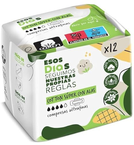 Compresas ultrafinas cotton-algodón súper con alas Esos Dias bolsa 12 unidades