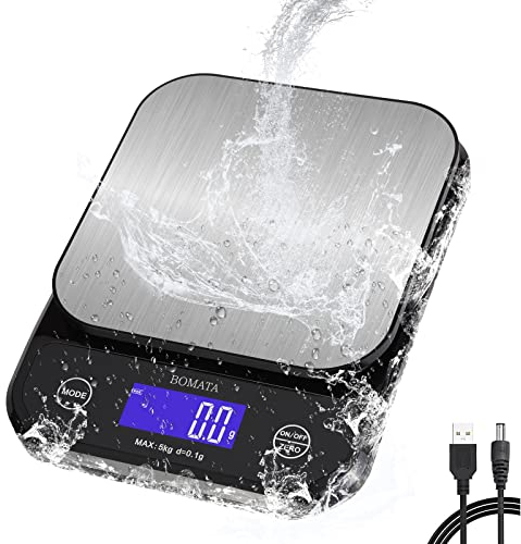 BOMATA Waterproof IPX6 Kitchen Scale, 0.1g High Precision,Max 5kg, Washable, TYPE-C Rechargeable, Stainless Steel Weighing Platform, Digital Scale for Food,Cooking, Baking, Weight Loss, etc.……