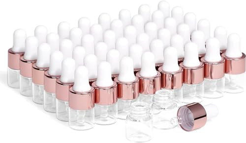 Mini flacons compte-gouttes en verre,50 flacons d'huile essentielle avec bouchon doré rose,utilisés pour les échantillons de parfum,l'huile corporelle,le liquide cosmétique (1 ml)