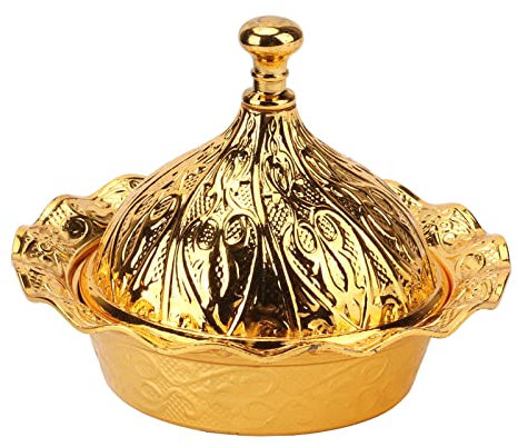 Leopacat Gold Candy Dish with Lid,Vintage Fruits Turkish Serving Tray Floral Embossing Sugar Container Cookie Storage Bowl Fruit Plate Snacks Jar Zinc Alloy for Wedding Hotel Bar Counter Decoration