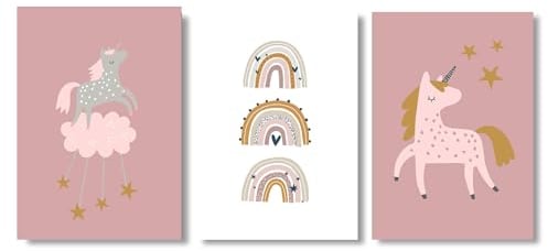 3er Set Kinderzimmer Poster DIN A4 in Pastell Farben Einhorn Regenbogen | Bilder Kinderzimmer, Kinderzimmer Deko, Wandbilder, Deko Bilder, Boho Dekoration für Kinder