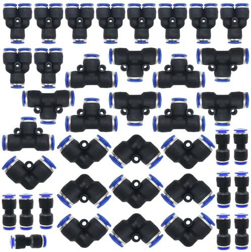 Pneumatischer Push-Montageanschluss, Dujelixa Push Fitting Rohr (40er-Packung 6 mm: Y+T+I+L-Typ-Kombination), Kunststoff 1/4 Zoll Durchmesser zum Verbinden des Fitting-Rohranschlusses