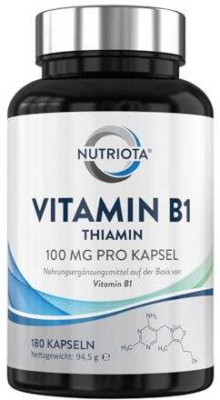 Vitamin B1 (Thiamin) Hochdosiert 100 mg Kapseln – 180 Kapseln - Veganfreundlich – Von Nutriota