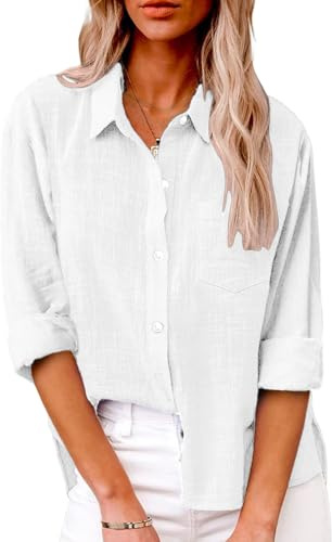 Friptspyg Blusa de Mujer con Cuello en V y Manga Larga 100% Algodón Casual con Bolsillo Suelta y Versátil para Verano