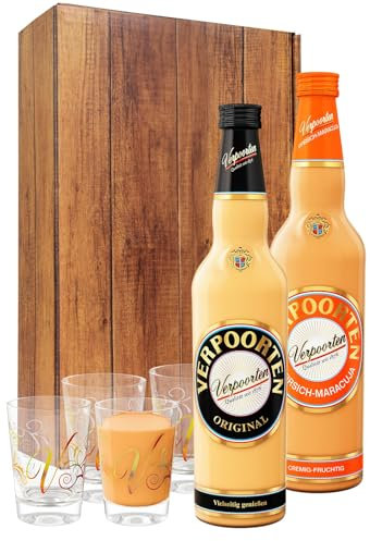 Geschenkset mit 0,7 L VERPOORTEN ORIGINAL Eierlikör 20%vol & 0,7 L VERPOORTEN PFIRSICH-MARACUJA Eierlikör 17%vol + 4 VERPOORTEN Designgläsern