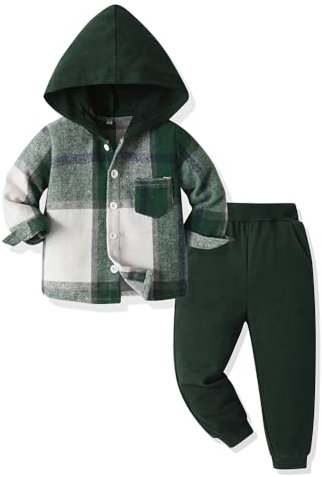 Yanmucy Kleinkind Baby Jungen Kleidung Outfit 2PCS Baumwolle Plaid Junge Hoodies Hemd Tops Hosen Set Kleine Jungen Anzug Kinder Trainingsanzug Frühling Herbst Kleidung Set (Grün, 5-6 T)