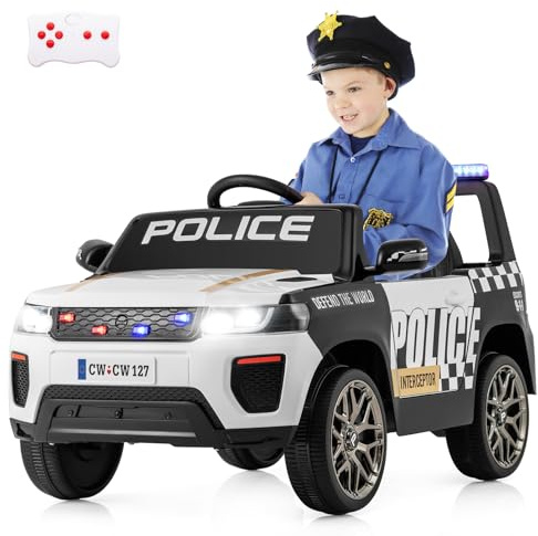 Maxmass 12V Kids Ride on Police Car, Battery Powered Toy Cop Car with Remote Control, Wireless Connection, USB, Music, Horn, Siren Flashing Lights, Children Electric Vehicle for Boys Girls (White)