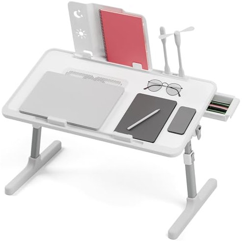 ulafbwur Bureau d'ordinateur Portable Support pour Ordinateur lit de à Hauteur réglable avec lumière LED et Ventilateur Pliable canapé, Sol, Bureau USB tiroir Gris