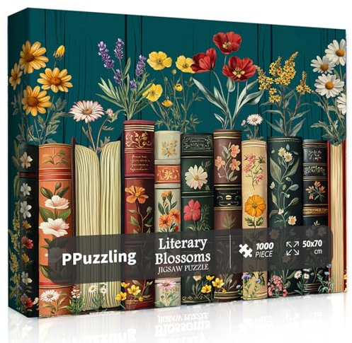 PPuzzling Vintage Wildflower Book Puzzles 1000 Pieces, Floral Jigsaw Puzzle, Retro Bookshelf with Blossoming Wildflowers, Botanical Literary Theme for Book Lovers 15+