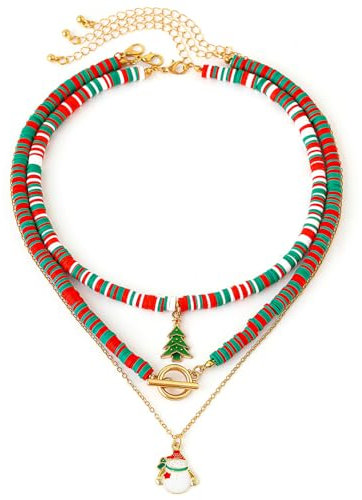 FDEETY Kette Layered Damen Bunte Perlenkette Weihnachten Anhänger Kette Handgefertigt Perlenkette Zarte Mehrreihige Halskette Hypoallergene Weihnachtsschmuck Geschenk