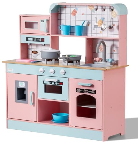 VEVOR Juego de Cocina de Madera de Diseño Integrado con Luces y Sonidos, Máquina de Hielo, Horno, Fregadero, Microondas, Frigorífico y Utensilios y Accesorio de Fruta para Niños de 3 a 8 años, Rosa