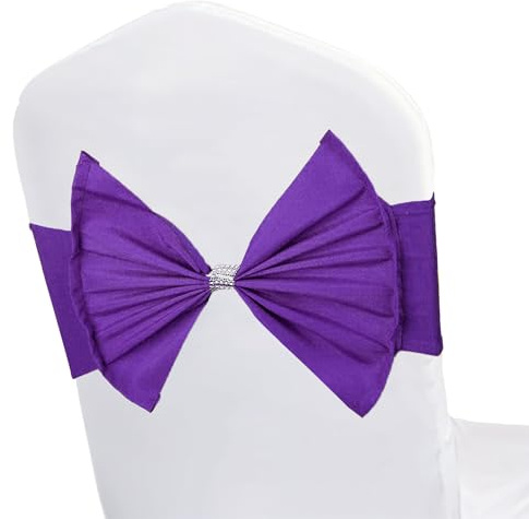 WedDecor Purple Chair Sash Bow Band with Slider Buckle, 20pcs | For Wedding Banquet Dining Events Party Supplies, Chair Sash Decor, Stretchable and Elasticated
