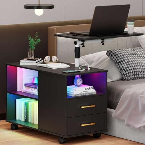 Lvifur Led Nachttisch mit Ladefunktion, 20 Farbe RGB Licht Smart Nachtschrank mit Um 360° Drehbarer Laptopablage, Sideboard 2 Schubladen Rad Autosensornacht Schlafzimmer Schwarz