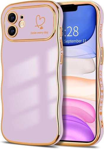 Riccase for iPhone 11 Case Lens Protection for Women Girls Shockproof Cute Wave Frame Curly Shape Plated Love Heart Phone Case for iPhone 11,Light Purple