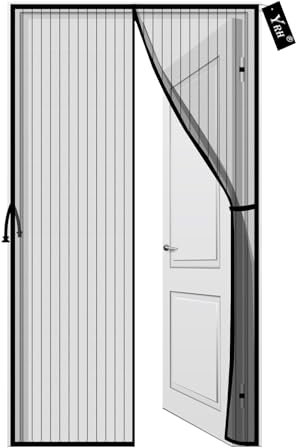 YRH Mosquitera Puerta Magnetica, Nuevo Diseño de Hebilla Lateral, Malla Resistente, Autosellante - Malla Mosquitera Mejorada, Puerta Mosquitera con Cinta Mágica, Negro, 80 x 210 cm
