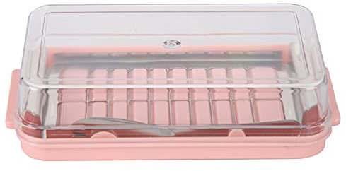 Grcfumo Butter Cutter Container, Stainless Steel Butter Cutter Stick, Rectangle Butter Keeper with Cutter for Kitchen (Butter Grid Cutting Box (Pink Bottom + Transparent)