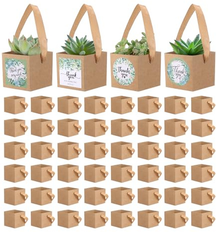 48pcs Succulent Wrap Bags Bulk,with 4 Styles Thank You Stickers，Mini Kraft Paper Succulent Gift Box Basket,Succulent Gift Box Fits 2.5 Inch Pots Wedding, Baby Shower, Succulent Party Favors for Guests