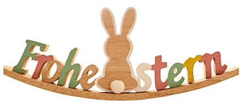 3 PAGEN® Deko Aufsteller Frohe Ostern, Deko Schriftzug für Ostern, süße Osterdekoration aus Holz, Osterdeko zum Aufstellen, Tischdeko mit Osterhasen zum Hängen und Aufstellen, 23 x 9 x 2 cm