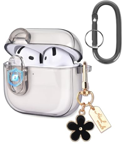 Newseego für Airpods 4 Hülle, Durchsichtig Case mit Schloss Weich TPU Schutzhülle mit Karabiner und Süßem Blume Anhänger Vollschutz Stoßfest Dünn Niedlich Kompatibel mit AirPods 4. Generation Schwarz