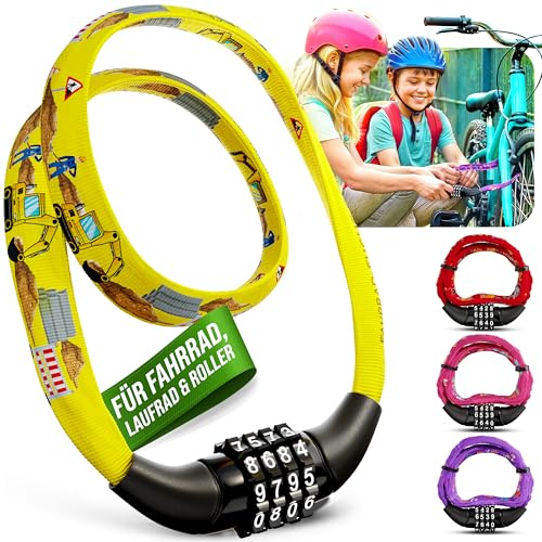 Fahrradschloss Kinder mit Zahlen – Kinder Fahrradschloss 65 cm – leicht und sicher – Zahlenschloss Fahrrad – Schloss für Kinderfahrrad – Motiv Bagger