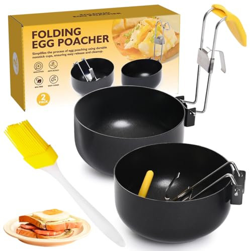 2 Pack Egg Poacher Pan, Non-Stick Poached Egg Maker, Stainless Steel Poached Egg Pan, Collapsible Hang Ear Egg Poacher, Egg Boiler Egg Rings Egg Boilers with Oil Brush
