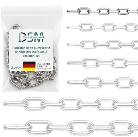 DSM – Rundstahlkette 2 mm Ø – kurzgliedrig DIN 5685 – Edelstahl A4 – 5 m | 1 Stück Meterware – Bruchlast 200 kg [TrueSpec Präzision] Edelstahlkette rostfrei für Garten, Boot, Werkstatt & Dekoration