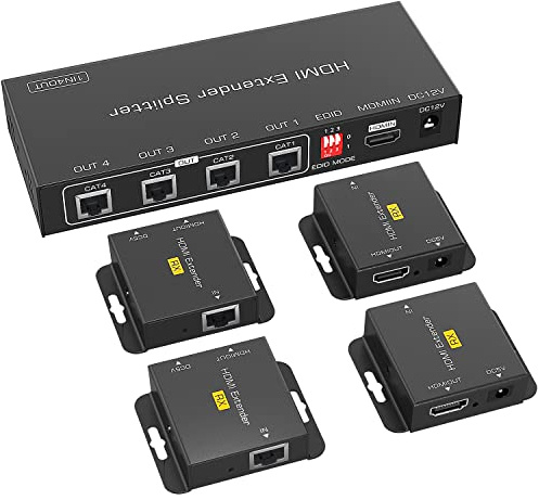 HDMI Extender Splitter 1x4, 164ft/50m 1 in 4 Out HDMI Extender Over Cat5e/Cat6/7, Repeater 4 Port Balun Ethernet Sender Transmitter Receiver Support 1080P@60hz 3D EDID POC