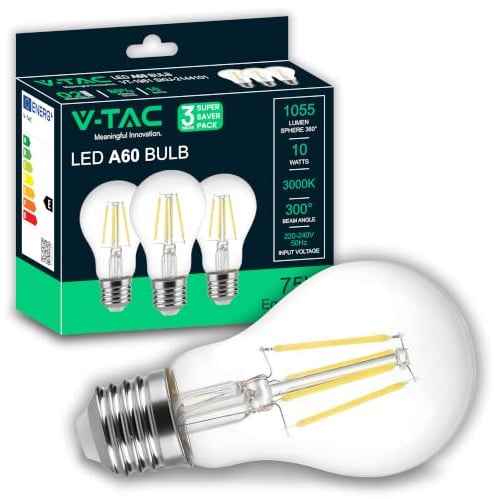 V-TAC 3x LED Glühbirne E27 Filament 10W (Entspricht 75W) A60 – Warmweiß 3000K - Maximale Effizienz - 1055 Lumen – Filament Deko – LED Glühlampen - Energiesparlampe - 3er Pack