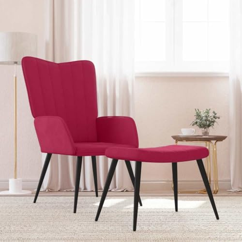 Holamys Relaxsessel mit Hocker, Weinrot Samt, Stahlgestell, 61x70x96,5 cm, bequemer Lesesessel für Wohnzimmer, Schlafzimmer, gemütliches Lounge-Sitzmöbel für Erwachsene