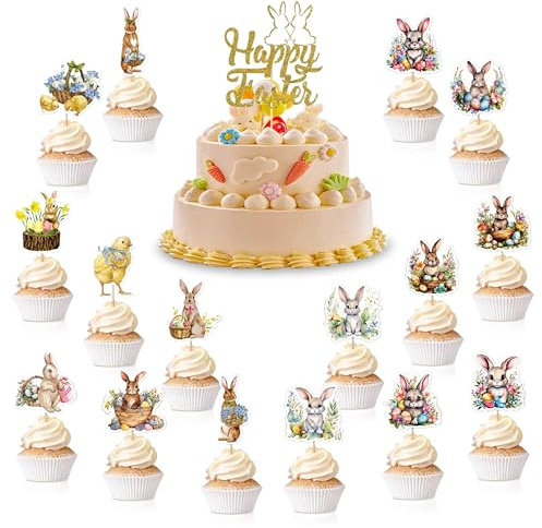 PYSEOSISE Ostern Cupcake Topper, 49 Stück Ostern Tortendeko, Happy Easter Cake Topper Kaninchen Cupcake Toppers Osterhase Tortendeko für Easter Party Supplies