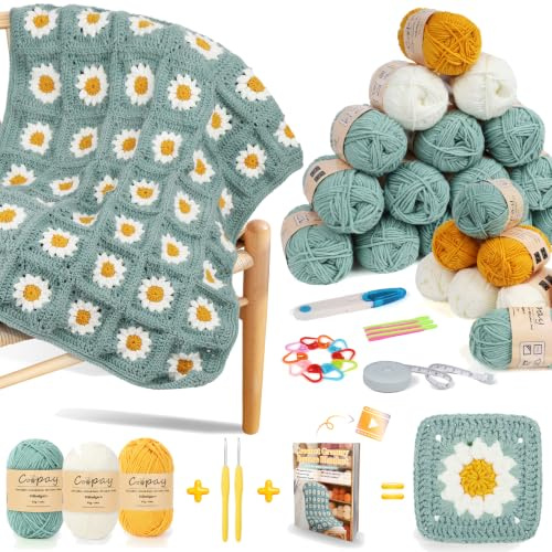 Coopay Granny Square Häkelset für Anfänger, Decke Häkelset, Häkelnadel Set | Grün Gänseblümchen Decke Häkeln, Komplett Häkelset mit Häkelnadel, Häkel Set mit Schritt-für-Schritt Videoanleitung