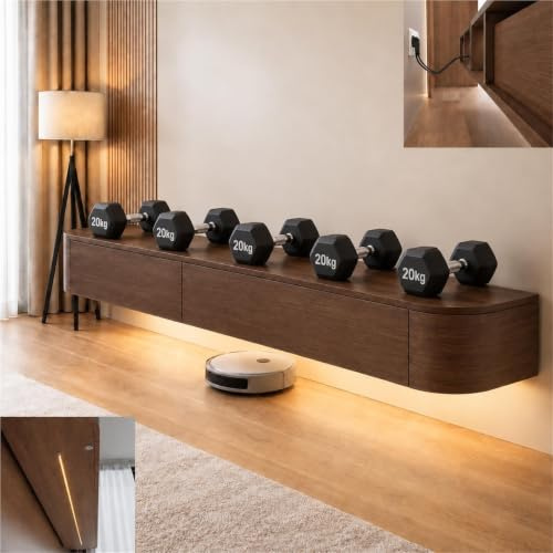 Meuble TV Noyer Suspendu, Console TV Murale Bois Massif, Support Flottant | 120/160/200/240/300cm, Dos Ouvert, Trou Câbles Haut, Coins Ronds, Tiroirs, Portes Abattantes, 100kg(47.2IN/120cm)