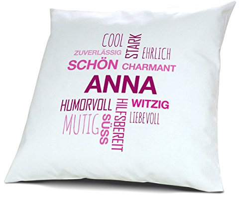printplanet Kopfkissen mit Namen Anna - Motiv Positive Eigenschaften Tagcloud Pink, 40 cm, 100% Baumwolle, Kuschelkissen, Liebeskissen, Namenskissen, Geschenkidee