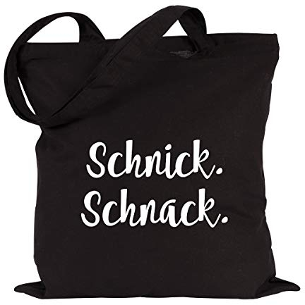 JUNIWORDS Jutebeutel, Wähle ein Motiv & Farbe, Schnick. Schnack. (Beutel: Schwarz, Text: Weiß)