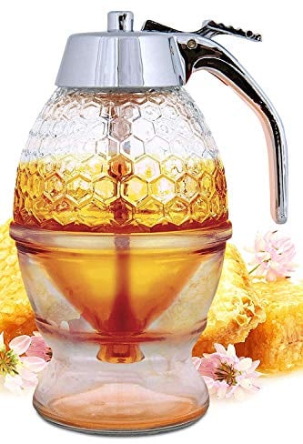 Hunnibi Honey Dispenser No Drip Glass - Maple Syrup Dispenser Glass - Beautiful Honey Comb Shaped Honey Pot - Honey Jar with Stand, Great Bee Decor, 8 oz