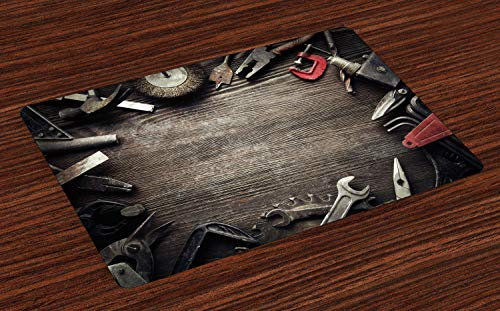 ABAKUHAUS Industriel Lot de Sets de Table en 4 pièces, Outils Grungy, Tissu Lavable pour Salle à Manger et Cuisine, Standard, Brun Gris