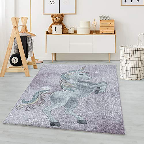 Carpetsale24 Kinderteppich Modern Einhorn Design Pastellfarben Violett 80 x 150 cm Läufer - Kurzflor Teppich Kinderzimmer Spielteppich Babyteppich für Junge und Mädchen Extra Weich und Antiallergen