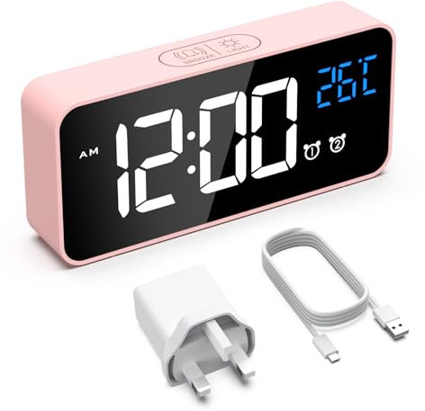 HERMIC Alarm Clock, Digital Clock USB Rechargeable with Temperature Display, Snooze, Dual Alarms for Bedroom, Bedside, Office& Travel(Adapter Included) (Pink)