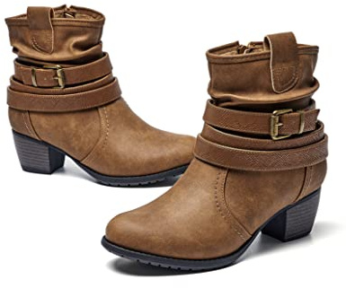 VJH confort Women's Mid Calf Boots,Round Toe Comfort Low Heel Slouchy Dress Booties with Buckle Strap Side Zipper (camel,8)