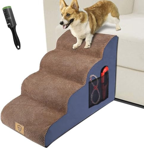 MASTERTOP Escaliers pour Chiens à 4 Marches en Éponge Haute Densité, Échelle Large pour Animaux de Compagnie, Rampe Antidérapant pour Animal Âgé/Blessé avec Housse Amovible&Lavable (Marron&Bleu)