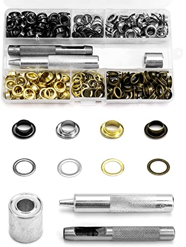 QWORK 200 Ösen Set Ösen Zange, Ösen Kit 8 mm, Locher Ösen Werkzeug Kit, mit Werkzeugset Ösentanzer Ösenzange, für Lederschuhe Plane Stoff Papier Markise, 4 Farben