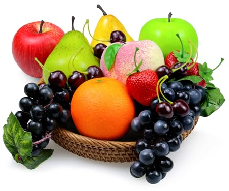 Tenorbass 16 Pcs Faux Fruits, Fruits Artificiels pour Décoration Cuisine Maison, Présentoir Fruits pour Décoration Table à Manger, Faux Aliments Réalistes Pomme Pêche Oranges Raisins Poire
