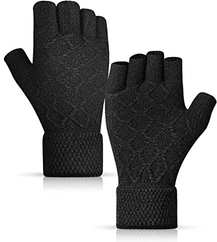 HIYATO gants hiver homme, Gants tricotés chauds avec doublure douce, gants thermiques pour homme et femme(noir sans doigts 01)