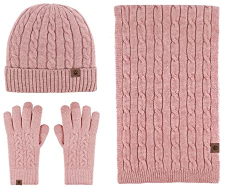 LumiSyne Winter 3 In 1 Mütze Schal Handschuh Sets Für Herren Damen Chunky Gestrickt Alpaka Wolle Textur Einfarbig Kabel Gestrickte Strickmütze Langer Schal Touchscreen Handschuhe Dicke Warme Futter